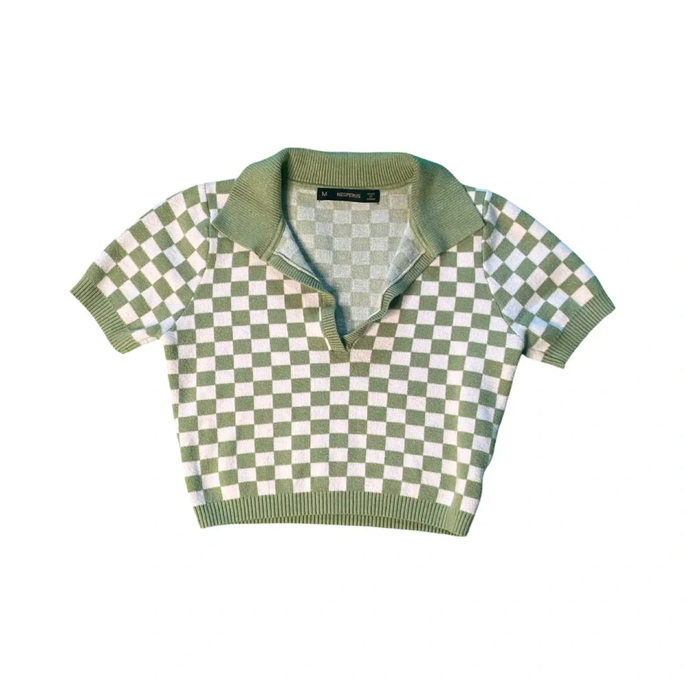Hesperus Green Checkered Collared Crop Top Sweater Short Sleeve (Size M) - Picture 2 of 8